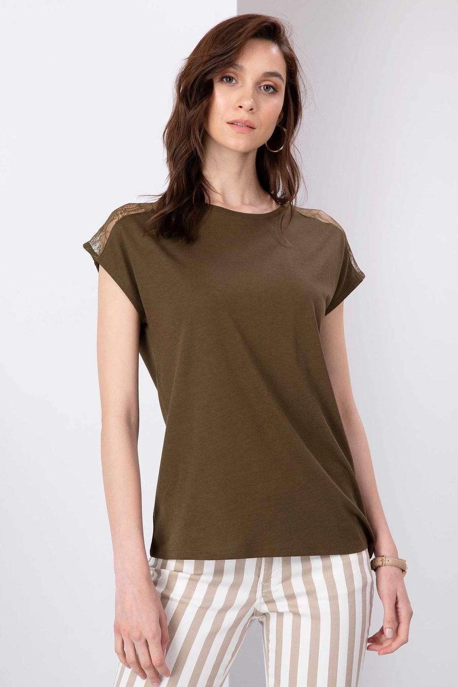 تی شرت یقه گرد خاکی  استاندارد آستین کوتاه زنانه  پیرکاردین
